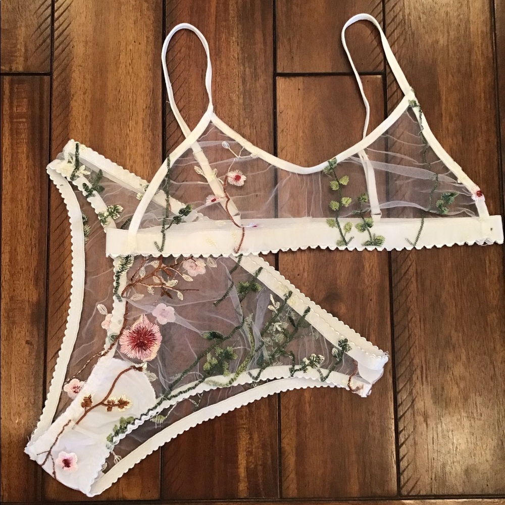E556 EUC Floral Lace Mesh Bra & Bottoms